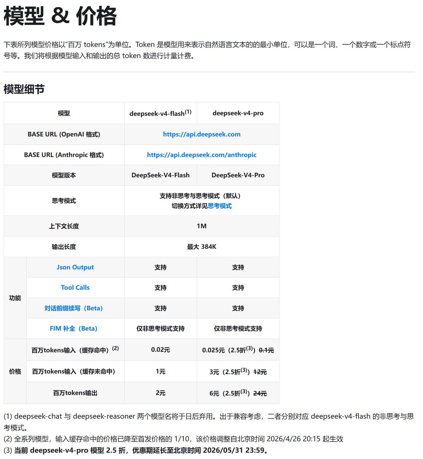 DeepSeek API 价格表