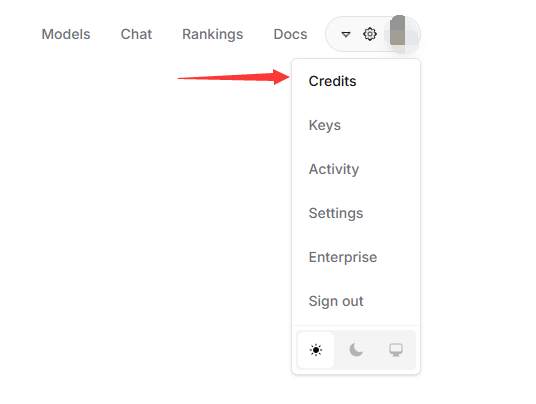 OpenRouter 菜单中的 Credits 选项